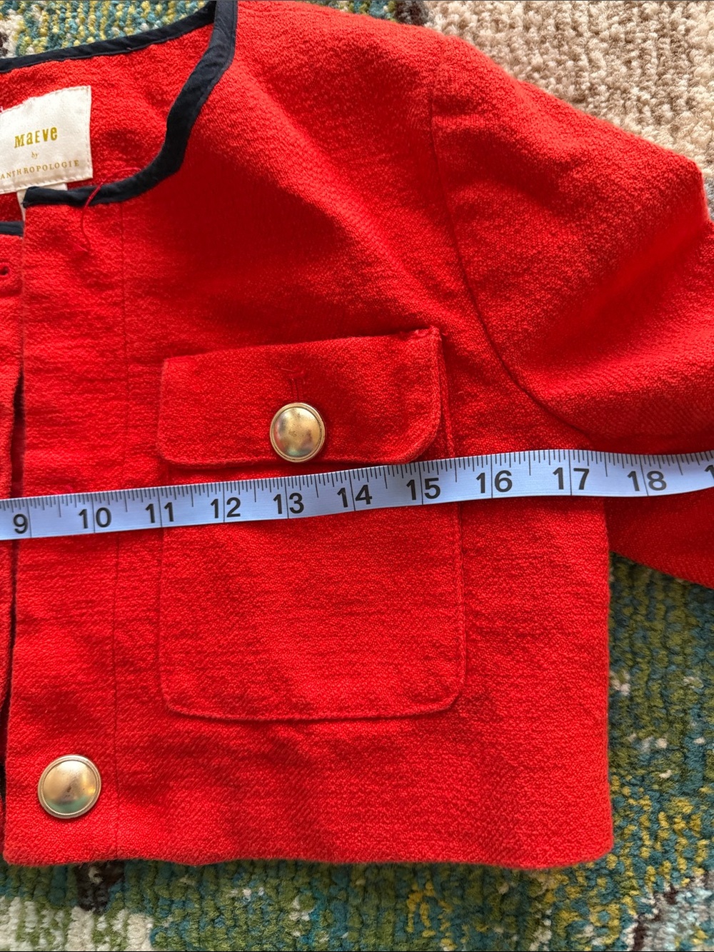 Anthropologie Maeve Red Cropped Tweed Jacket with Contrast Trim - Picture 8 of 10
